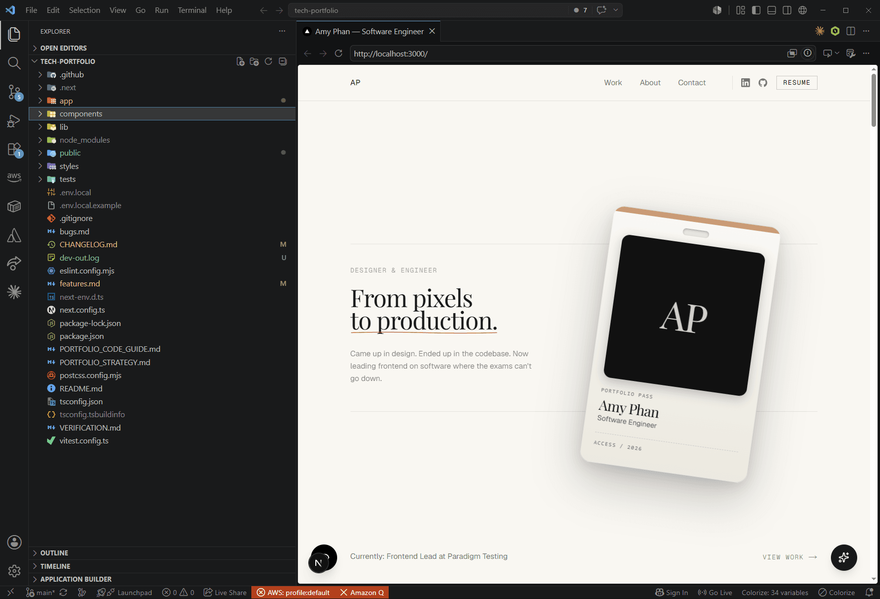 A screenshot of Amy's portfolio site open in VS Code and previewed in the browser