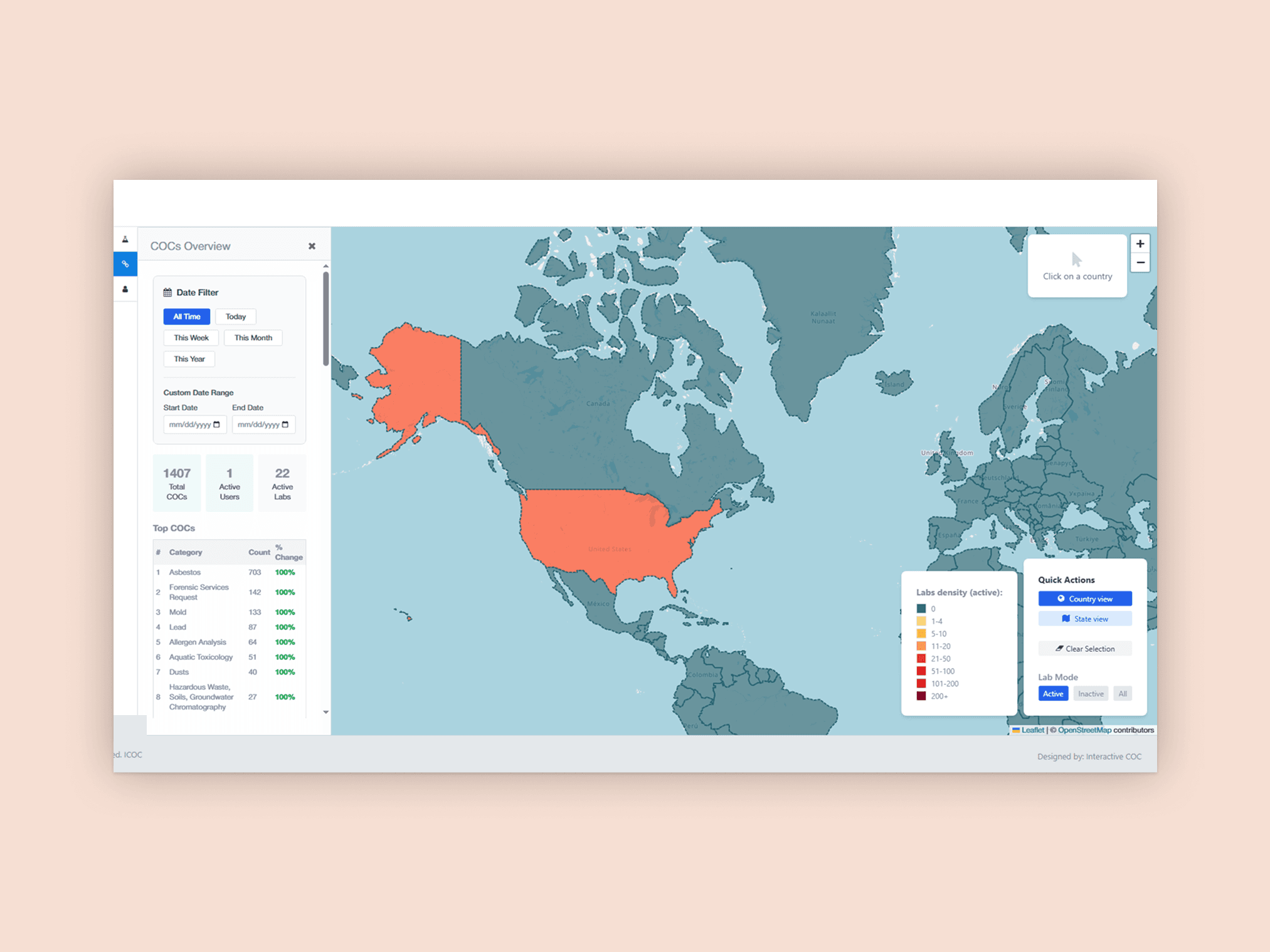 COCs Overview panel next to a North America choropleth with the US and Alaska highlighted, showing 1,407 total COCs and a Top COCs table ranked by category