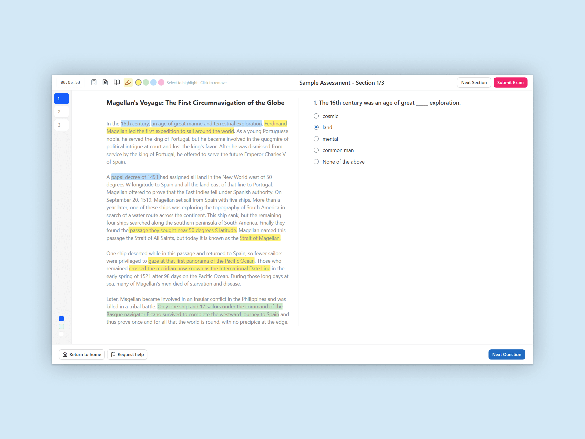 Sample assessment on the Knock exam platform — reading passage with highlighting tools and a multiple-choice question panel