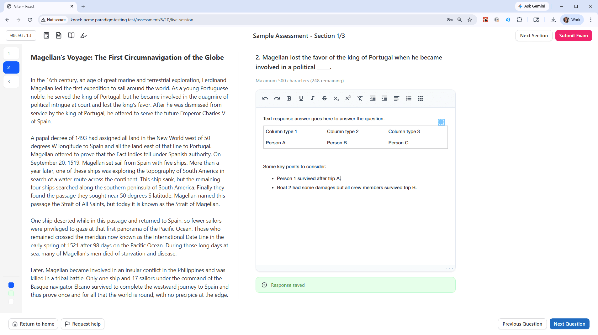 Written exam interface on the Knock test environment — split-screen layout with reading passage on the left and rich text answer panel with table support on the right, showing question 2 of a sample assessment