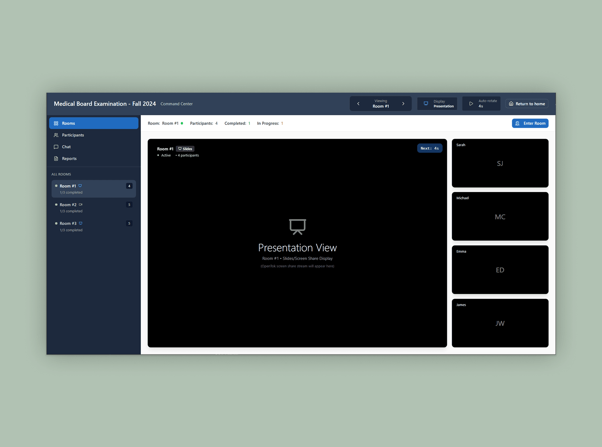 Exam proctoring command center UI showing a room list, live room status, and a presentation-view panel