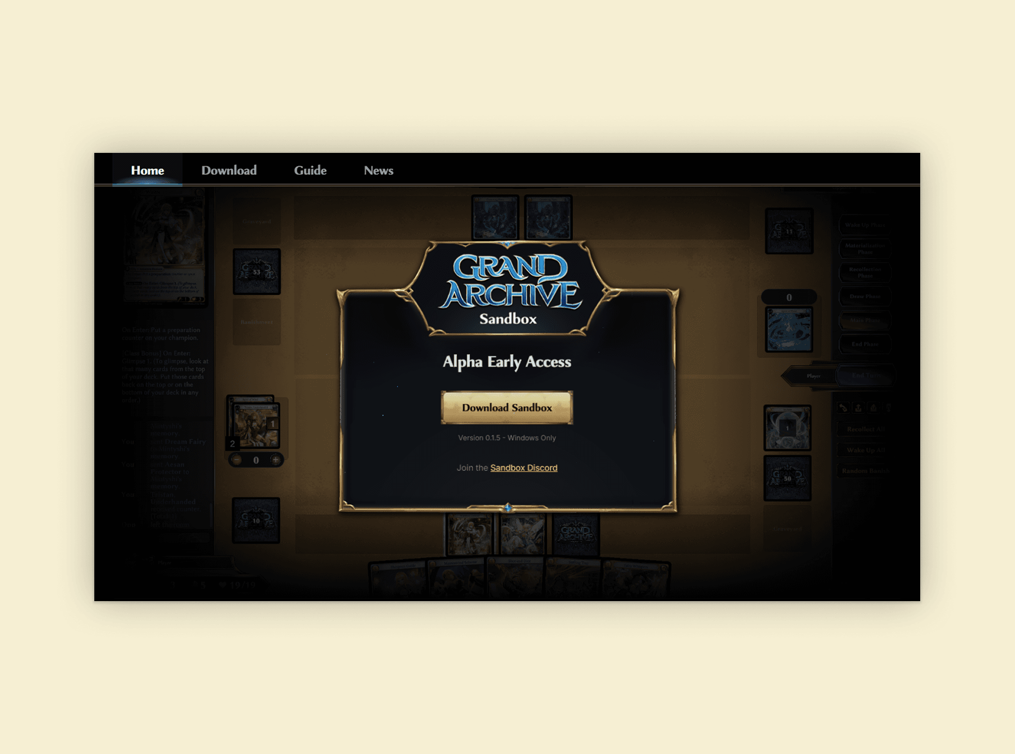 GA TCG Sandbox site home page — 'Grand Archive Sandbox, Alpha Early Access' panel over a blurred in-app board background, with a Download Sandbox CTA