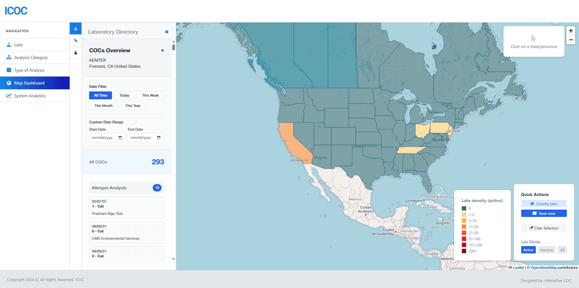 COCs Overview panel drilled into a single lab, AEMTEK in Fremont, CA — 293 total COCs, an Allergen Analysis category with 12 entries, and individual dated COC line items with client names