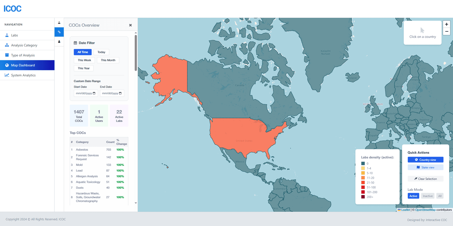 Country-level view: North America choropleth with the US and Alaska highlighted, COCs Overview panel showing 1,407 total COCs, 1 active user, 22 active labs, and a Top COCs table ranked by analysis category