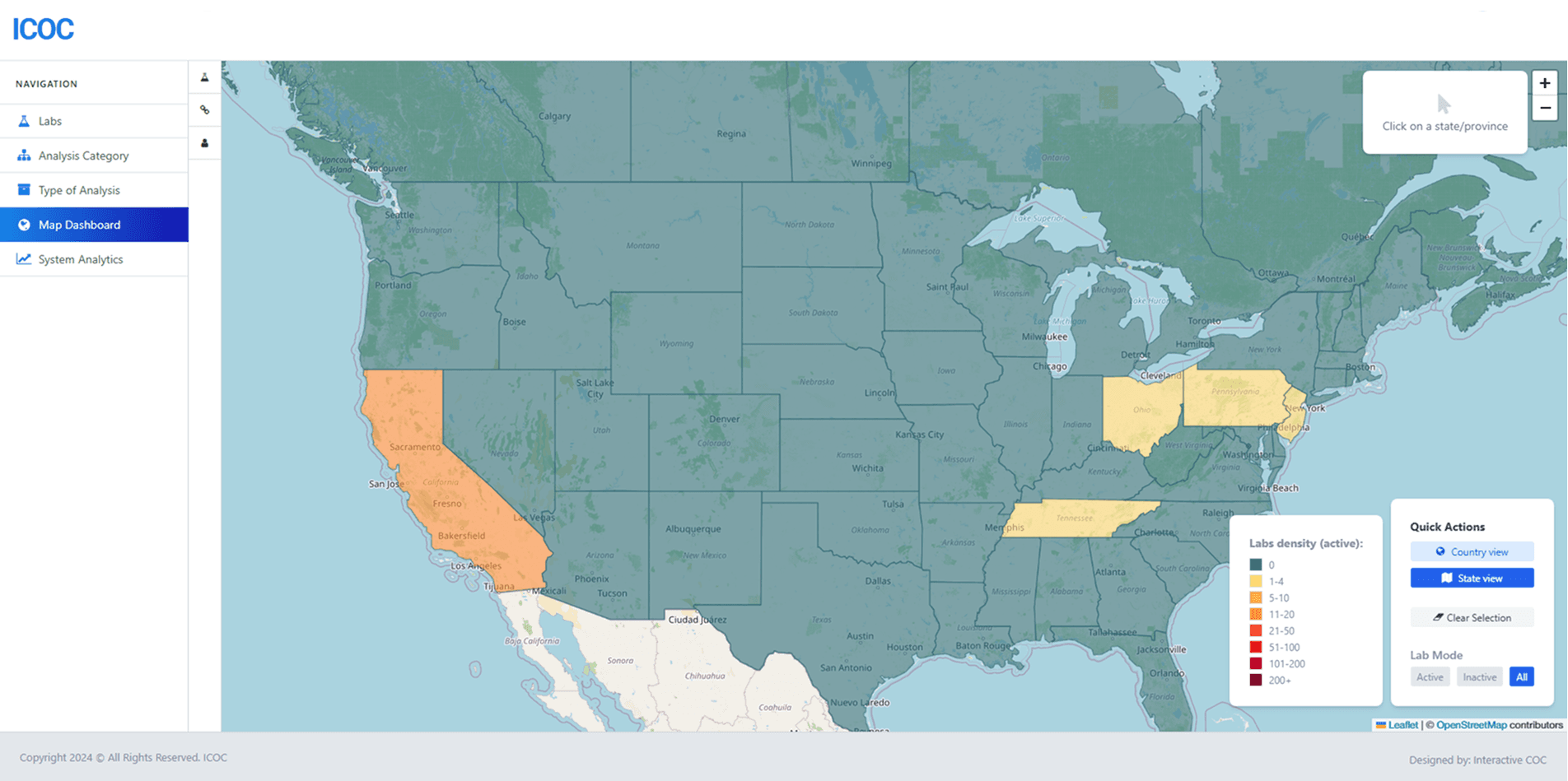 Full continental US and Canada choropleth map with California, Ohio, Pennsylvania, and Tennessee highlighted by lab density, no side panel open, Labs density legend and Quick Actions panel visible