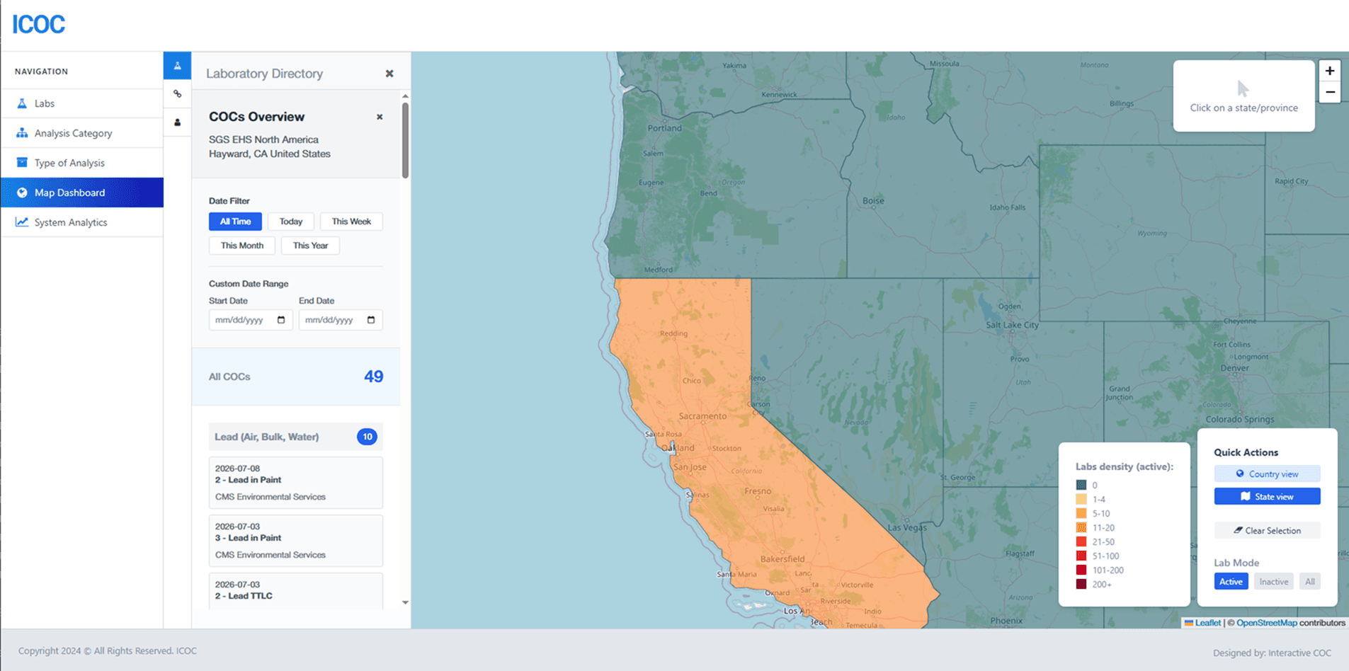 Zoomed West Coast US view with California highlighted, COCs Overview panel drilled into SGS EHS North America (Hayward, CA) showing 49 total COCs grouped by category, including a Lead (Air, Bulk, Water) category with individual dated COC entries