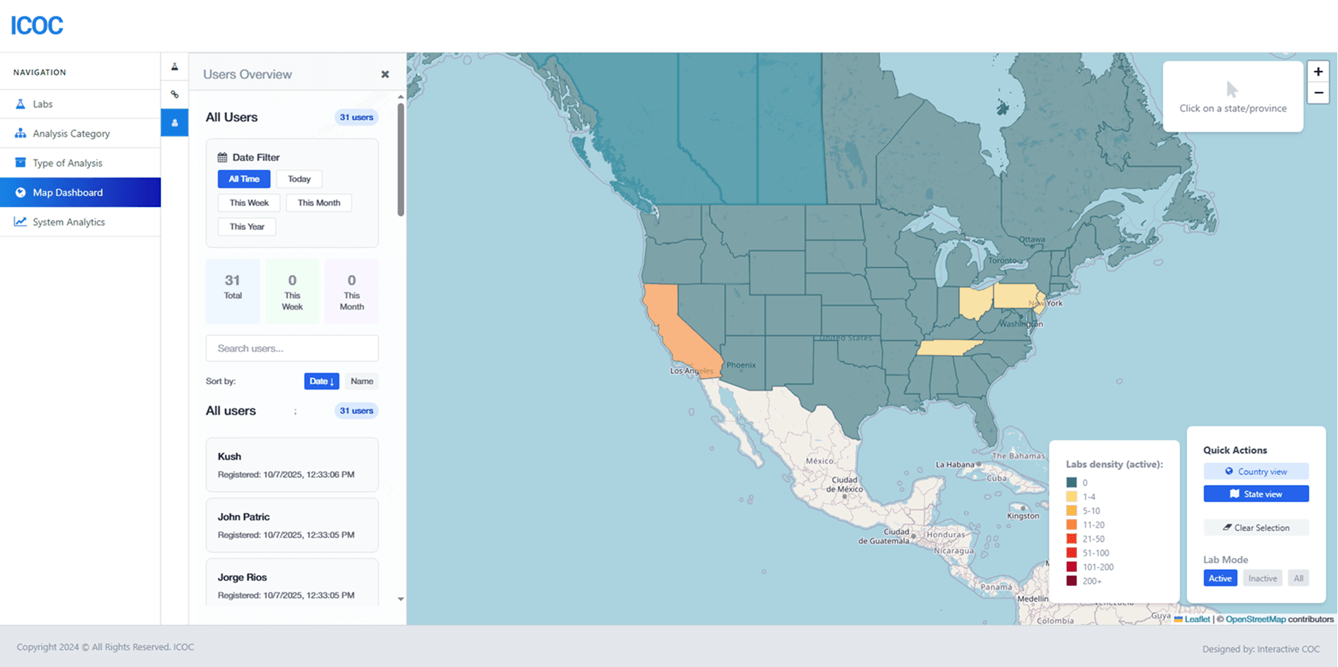 Users Overview admin panel: 31 total users, date filter (All Time / Today / This Week / This Month / This Year), sortable user list with registration timestamps, North America choropleth in the background