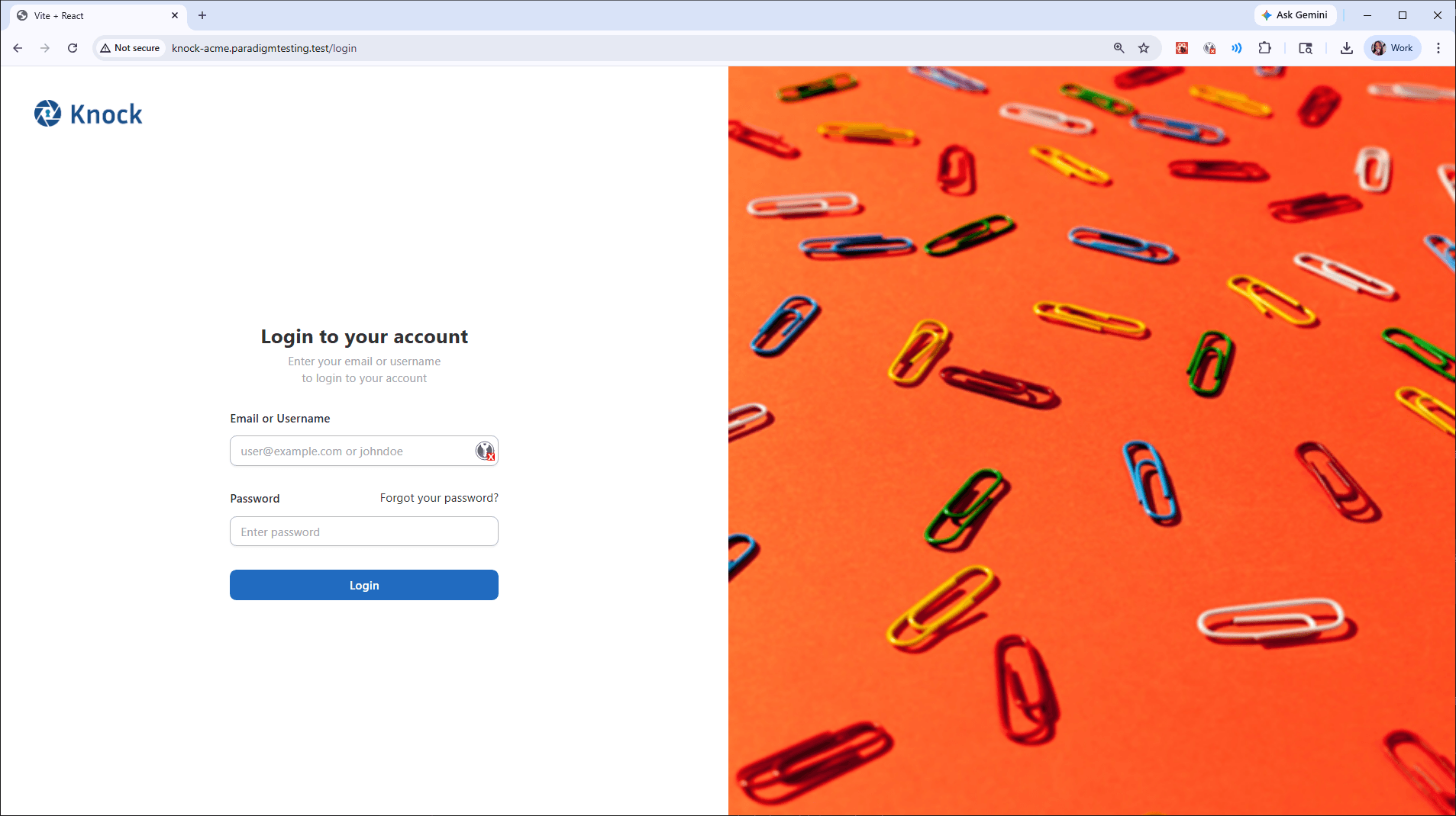 Knock platform login page on the test environment, with the hero image that moved from an uncompressed PNG to WebP with a preload hint
