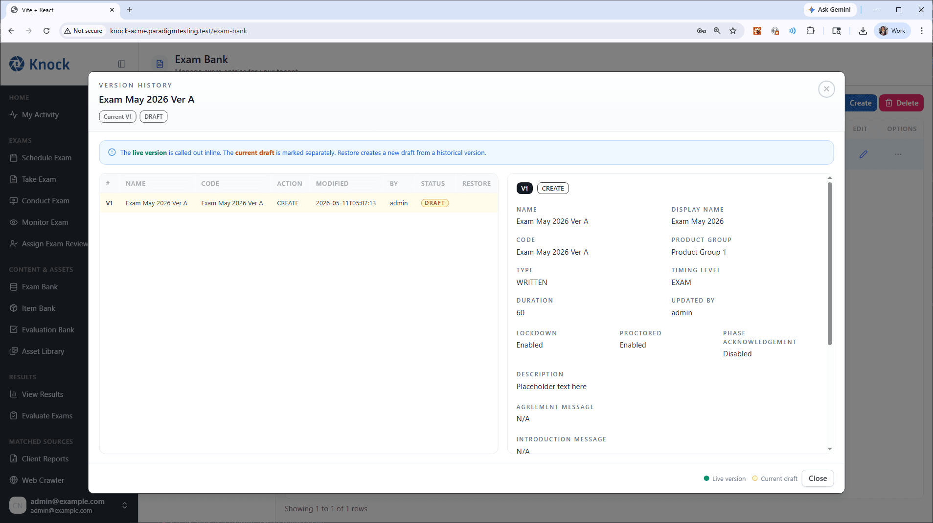 Exam Bank version history modal on the admin portal test environment, showing a draft version row and a detail panel with exam metadata fields