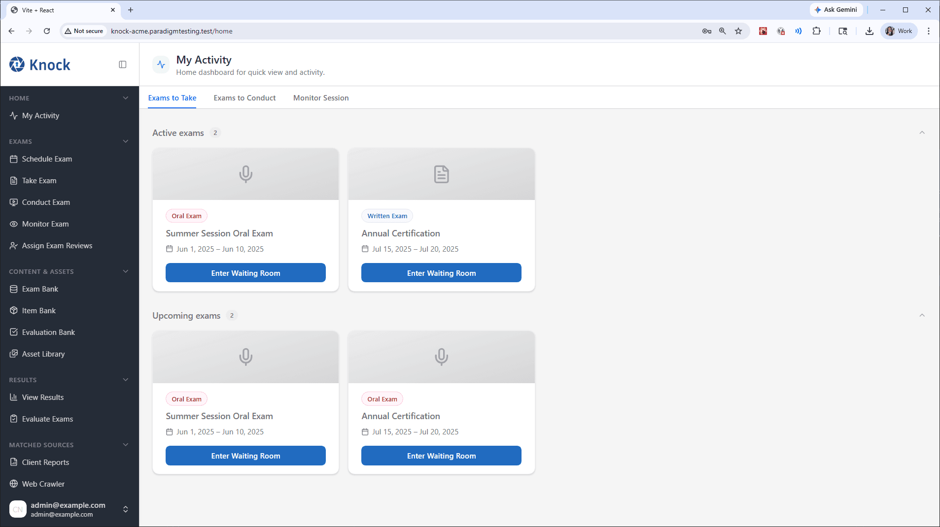 Candidate portal home dashboard on the test environment — "My Activity" with Exams to Take, Exams to Conduct, and Monitor Session tabs, showing active and upcoming exam cards