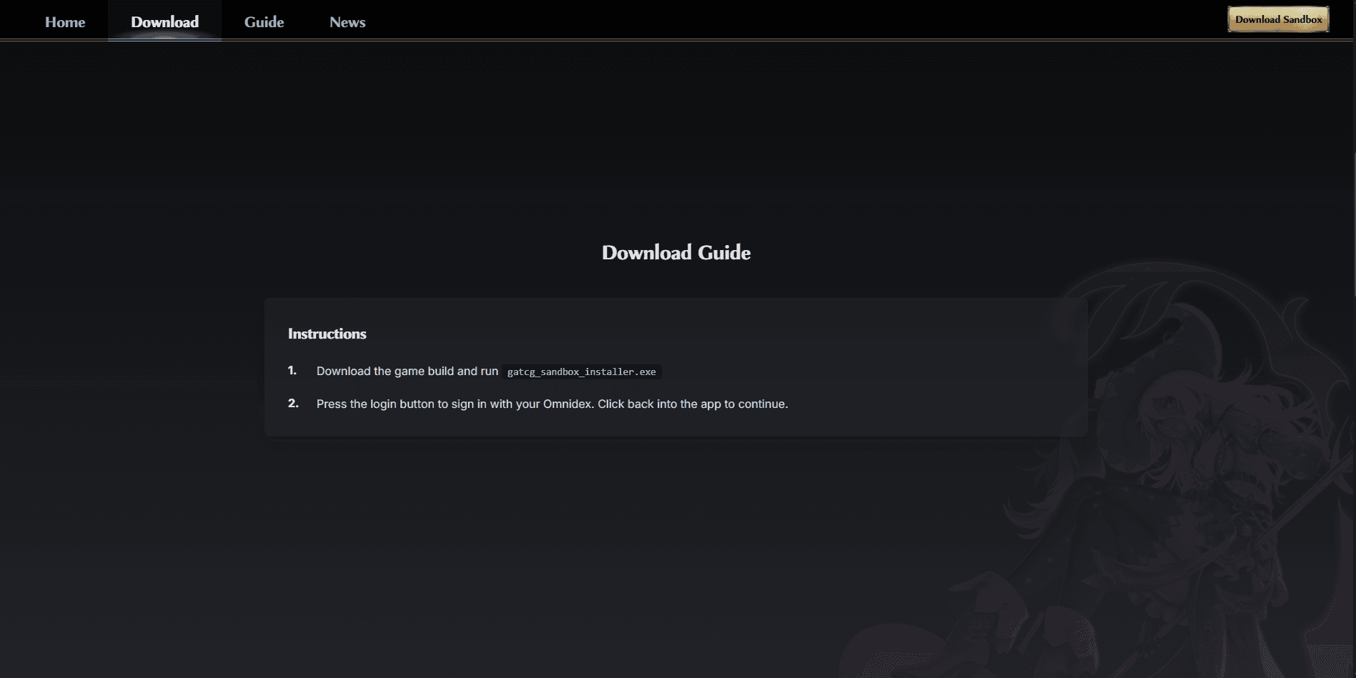 Download page with a two-step install guide — "Download the game build and run gatcg_sandbox_installer.exe" and "Press the login button to sign in with your Omnidex" — and the shimmer-sweep Download Sandbox button in the header