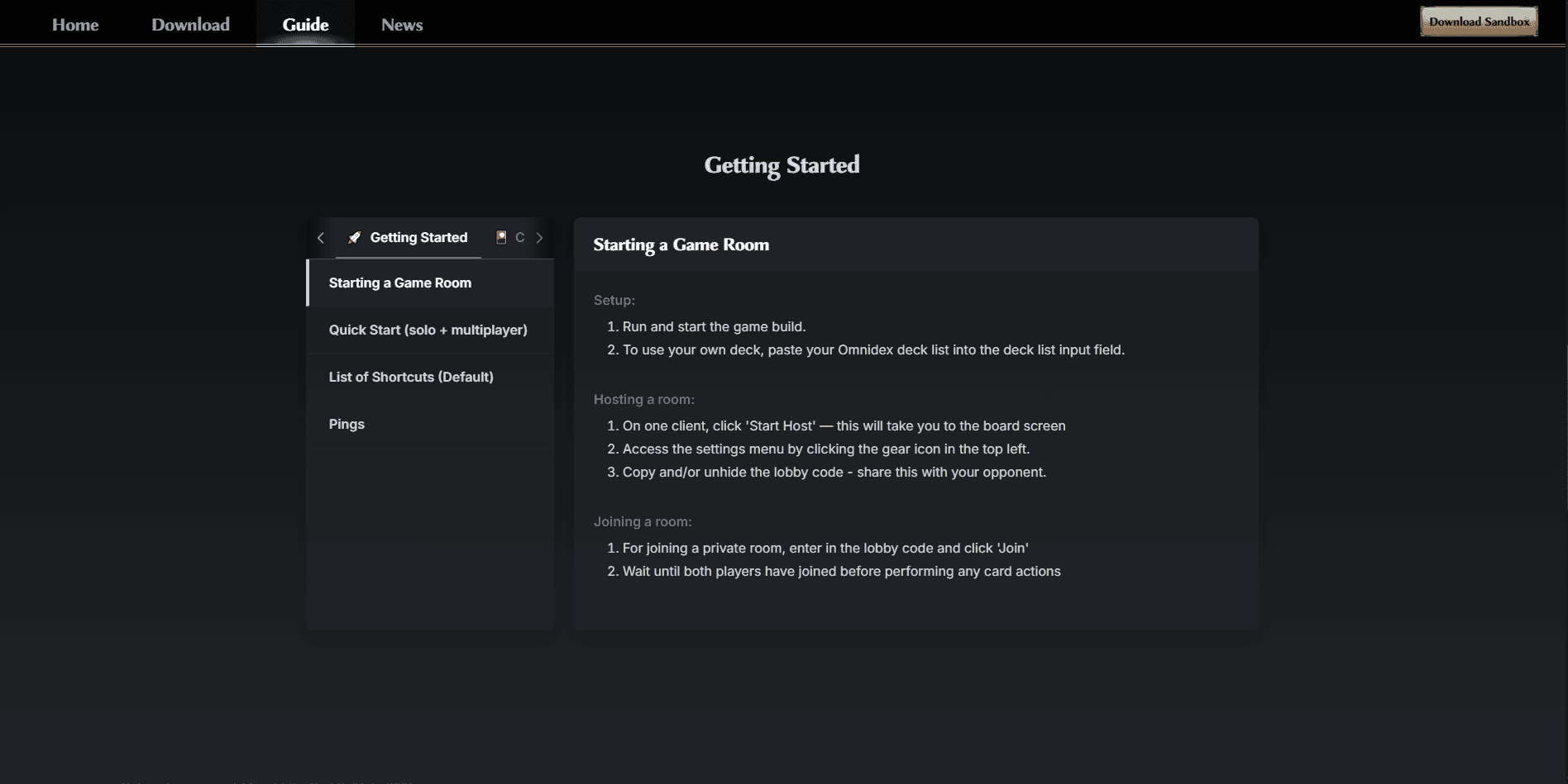 Guide page showing the category-tabbed feature browser open to "Getting Started > Starting a Game Room," rendering nested Setup, Hosting a room, and Joining a room subsections from the JSON content schema