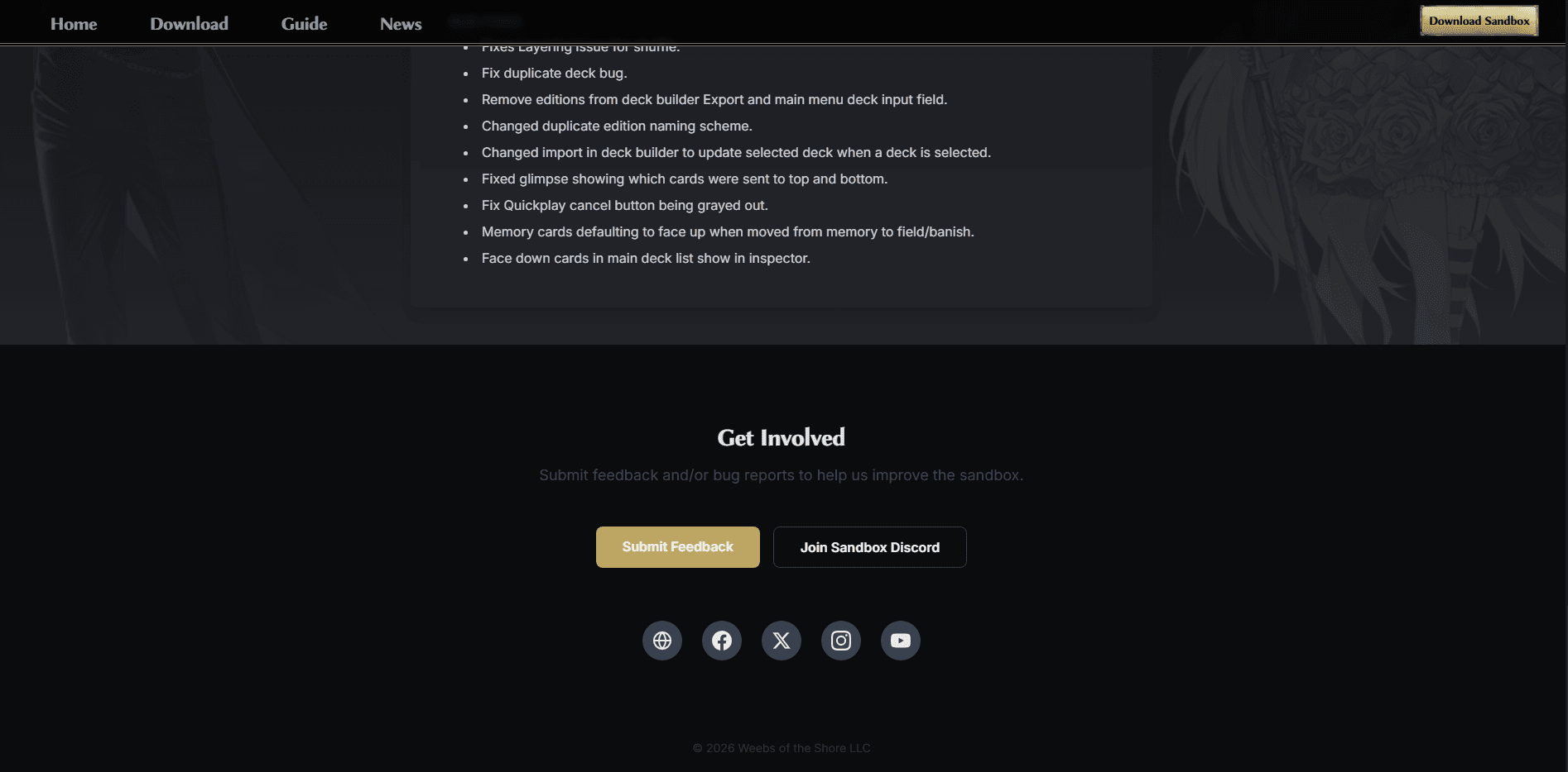 Footer "Get Involved" section with Submit Feedback and Join Sandbox Discord buttons alongside social links, during the open-testing phase