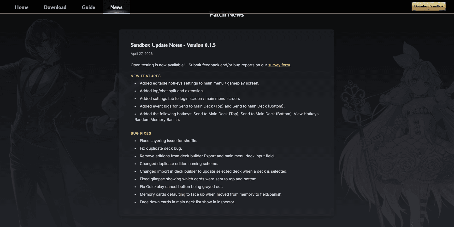 News page rendering the current patch note pulled from GCS — "Sandbox Update Notes - Version 0.1.5," dated April 27, 2026, with New Features and Bug Fixes lists